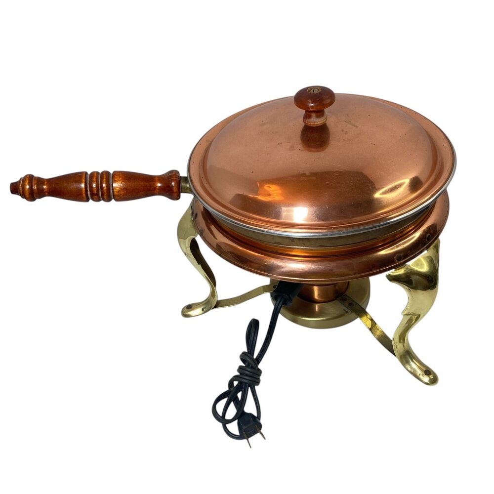 Rare Electric Copper Brass Chafing Dish Food Warmer Sterno Stand 12”x12” Vtg 50s
